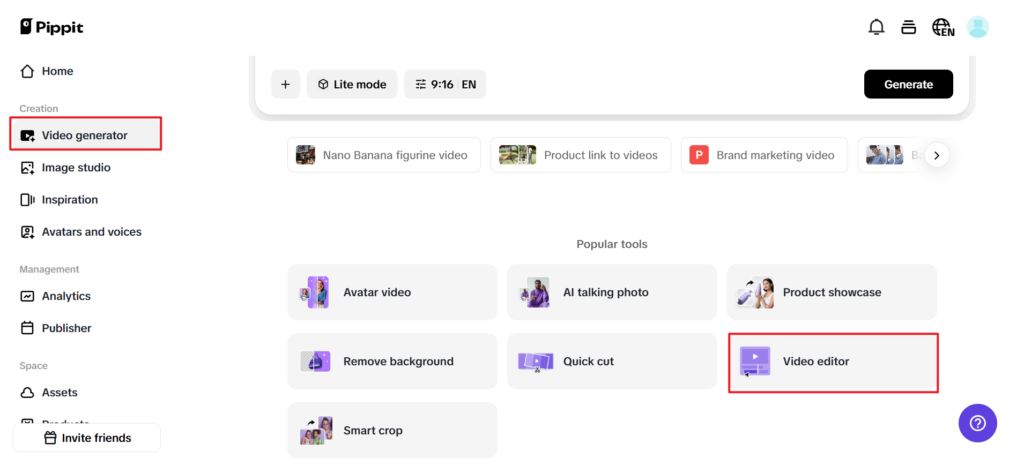 Open Pippit's video editor