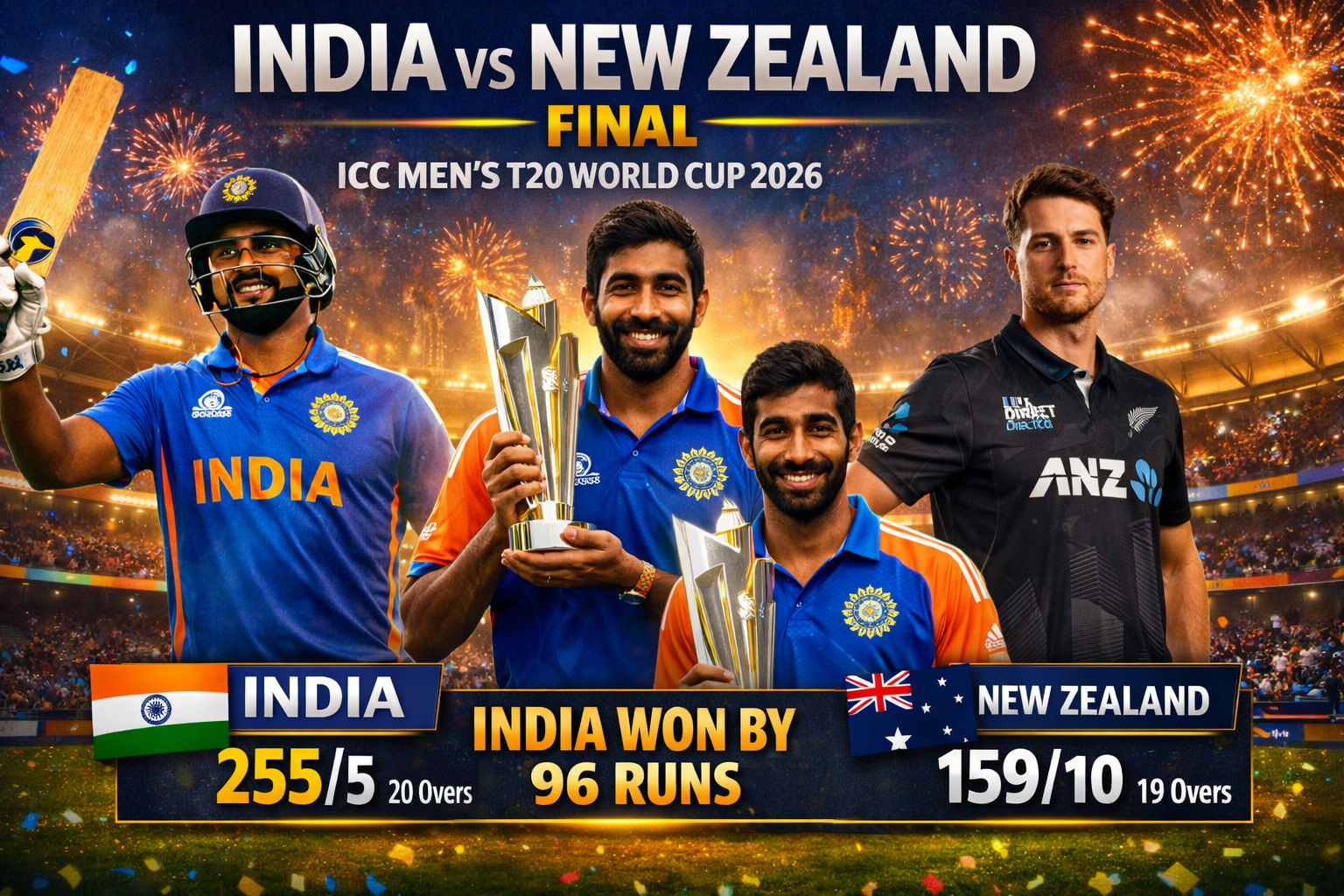 India vs New Zealand, Final, ICC Men's T20 World Cup 2026 Match Scorecard